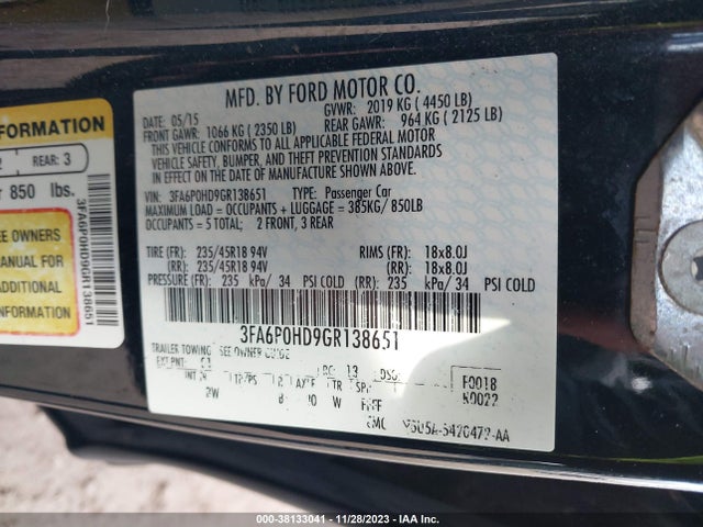 Ford FUSION SE 2016 3FA6P0HD9GR138651 Image 9