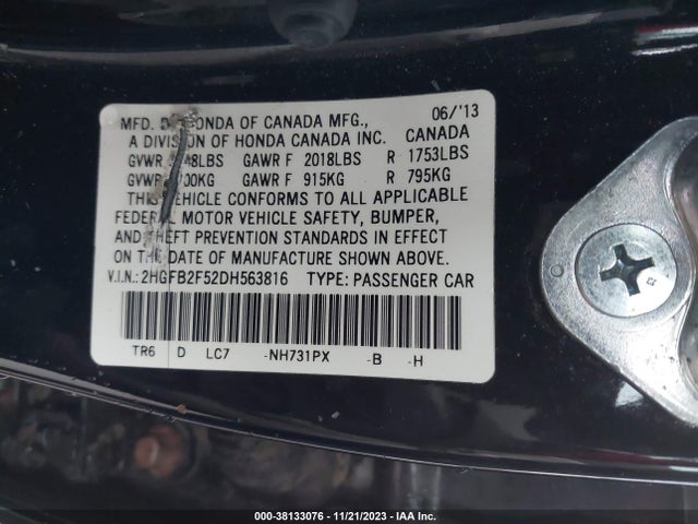 2013 HONDA CIVIC LX VIN: 2HGFB2F52DH563816