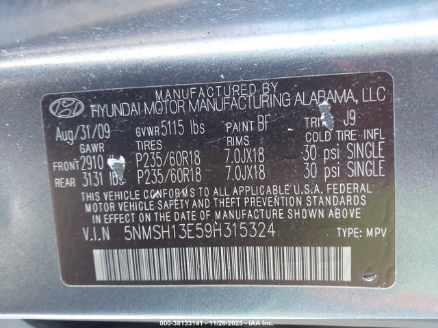 2009 HYUNDAI SANTA FE LIMITED VIN: 5NMSH13E59H315324