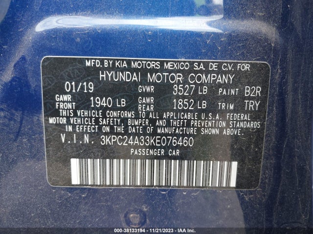 Aukcja sprzedaży 2019 Hyundai Accent Se, vin: 3KPC24A33KE076460, numer aukcji: 38133194