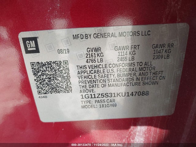 Chevrolet IMPALA LT 2019 1G11Z5S31KU147088 Image 9