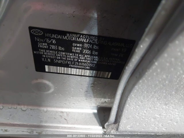 2017 HYUNDAI ELANTRA SE VIN: 5NPD74LF2HH160190