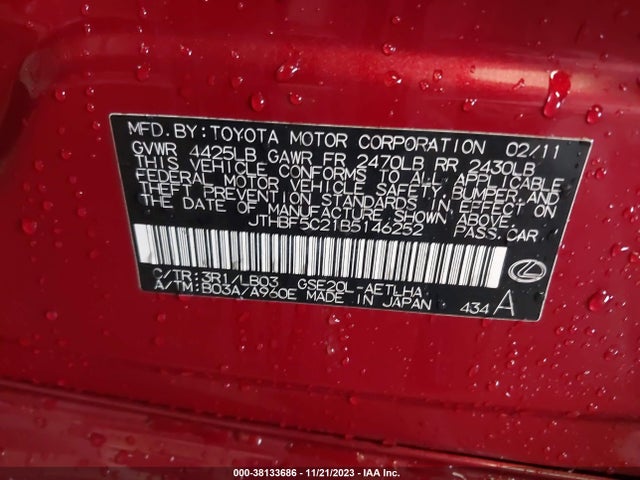 2011 LEXUS IS 250 VIN: JTHBF5C21B5146252