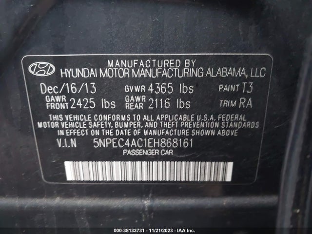 2014 HYUNDAI SONATA SE VIN: 5NPEC4AC1EH868161