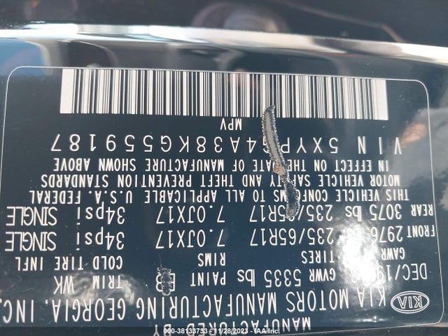 2019 KIA SORENTO 2.4L L VIN: 5XYPG4A38KG559187