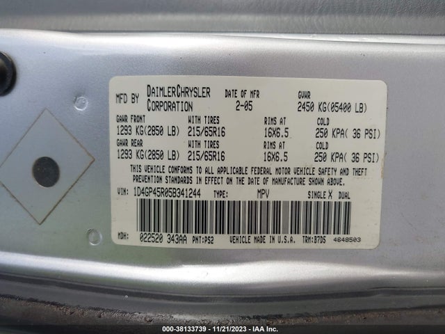 2005 DODGE CARAVAN SXT VIN: 1D4GP45R05B341244