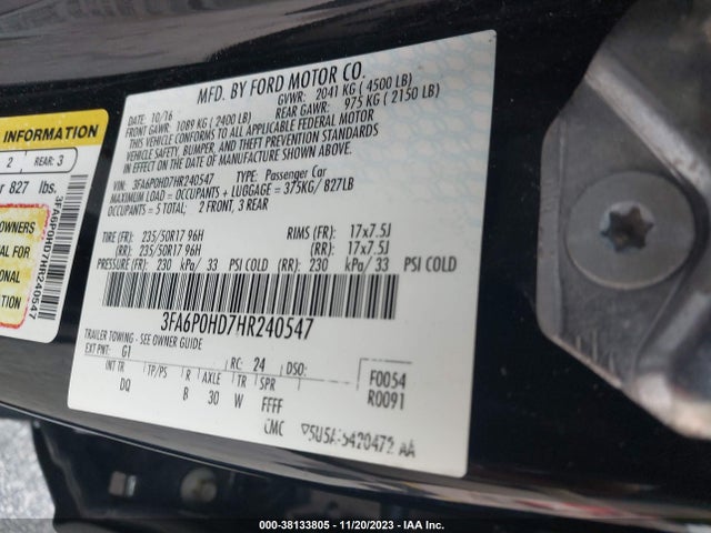 2017 FORD FUSION SE VIN: 3FA6P0HD7HR240547