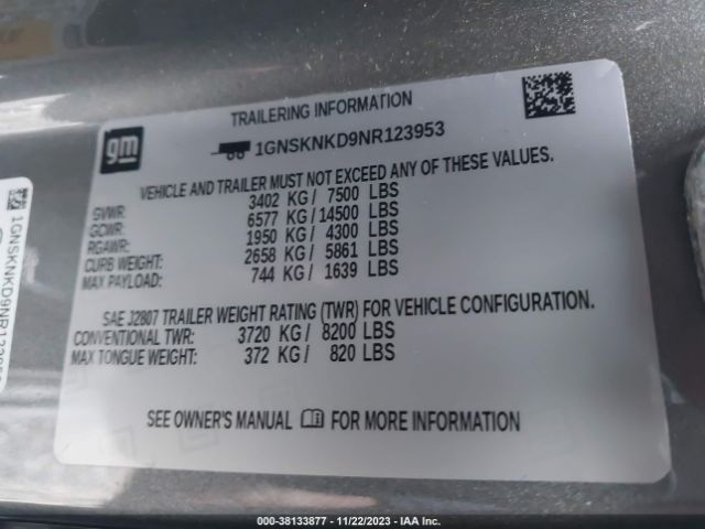 1GNSKNKD9NR123953 Chevrolet Tahoe 4wd Lt