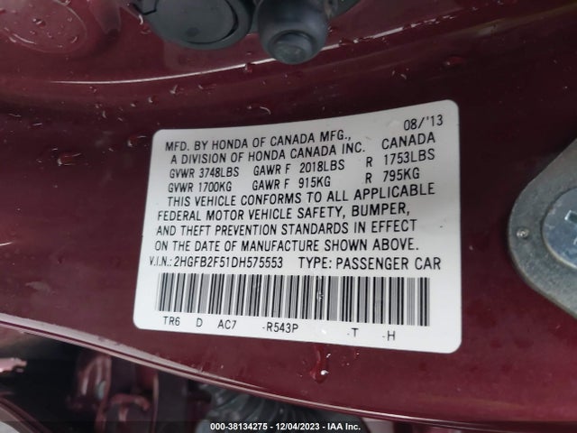 2013 HONDA CIVIC LX VIN: 2HGFB2F51DH575553