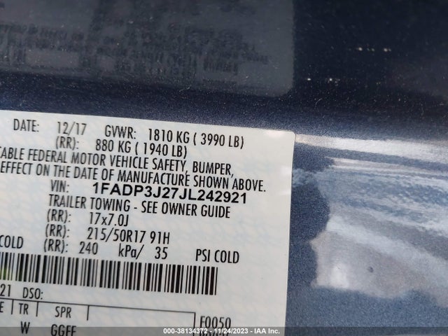 2018 FORD FOCUS TITANIUM VIN: 1FADP3J27JL242921