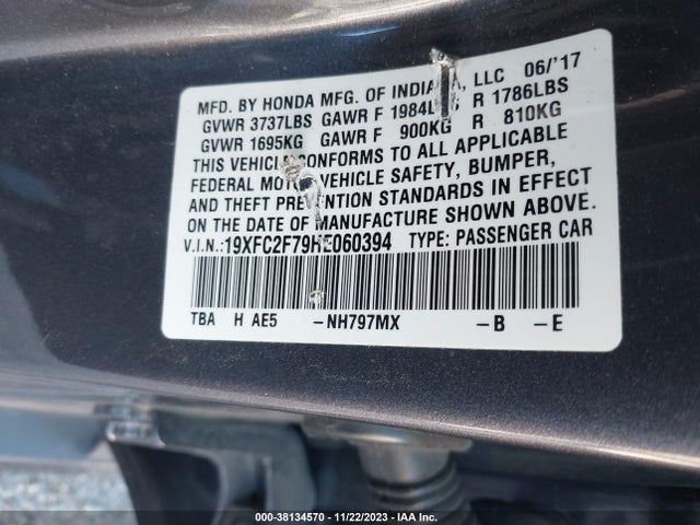 2017 HONDA CIVIC EX VIN: 19XFC2F79HE060394