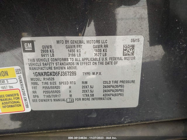 Chevrolet Traverse 1lt 2015 1GNKRGKD6FJ367289 Image 9