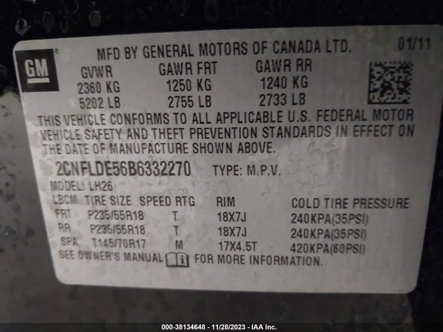 2011 CHEVROLET EQUINOX 1LT VIN: 2CNFLDE56B6332270