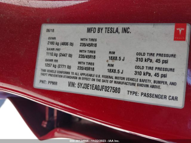 5YJ3E1EA0JF027580 Tesla Model 3 Long Range/mid Range