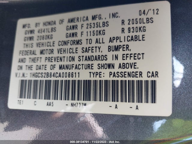 2012 HONDA ACCORD 3.5 EX-L VIN: 1HGCS2B84CA008611
