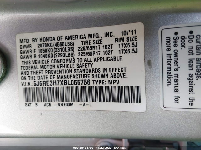 2011 HONDA CR-V EX-L VIN: 5J6RE3H7XBL055756