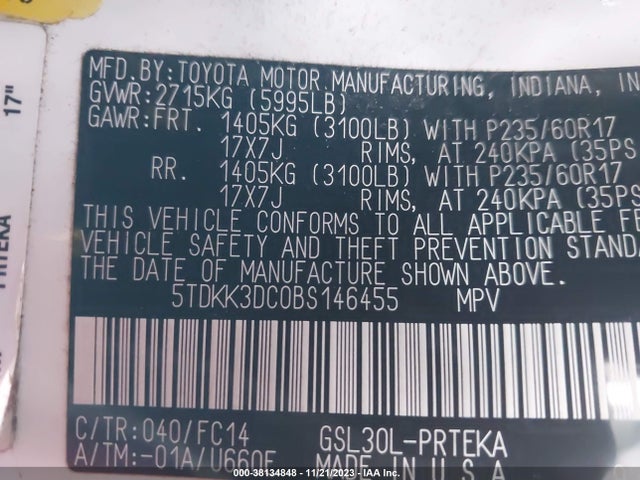 2011 TOYOTA SIENNA LE V6 VIN: 5TDKK3DC0BS146455