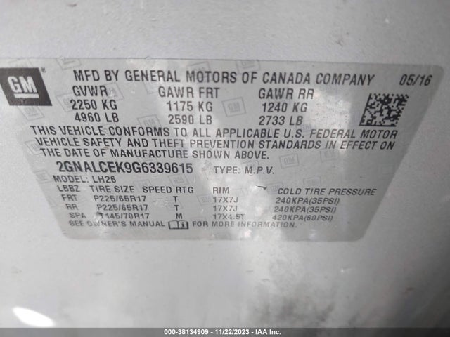 Chevrolet EQUINOX LT 2016 2GNALCEK9G6339615 Image 9
