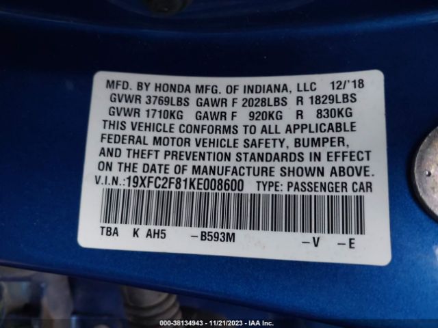 19XFC2F81KE008600 Honda Civic Sport