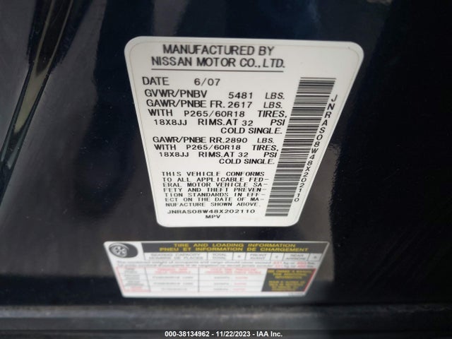 2008 INFINITI FX35 VIN: JNRAS08W48X202110