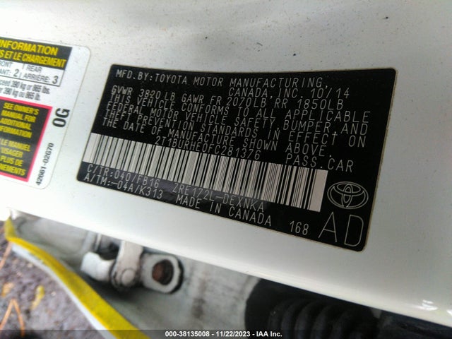 2015 TOYOTA COROLLA LE VIN: 2T1BURHE0FC281376