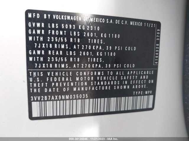 Продаж на аукціоні авто 2022 Volkswagen Tiguan 2.0t Se, vin: 3VV2B7AX9NM035035, номер лоту: 38135046