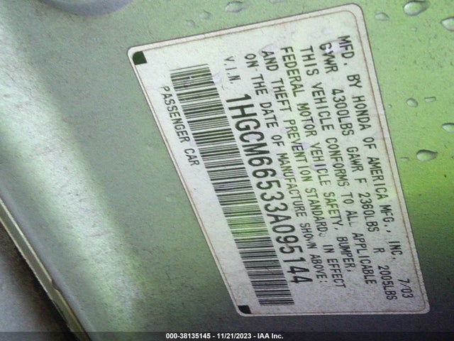 2003 HONDA ACCORD 3.0 EX VIN: 1HGCM66533A095144