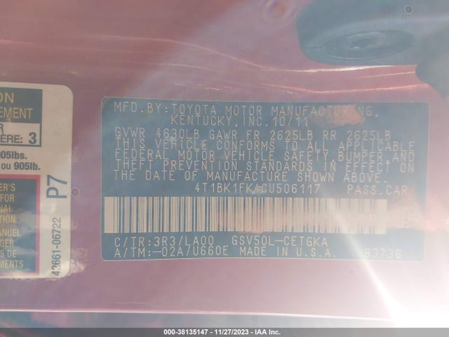 2012 TOYOTA CAMRY XLE V6 VIN: 4T1BK1FK4CU506117