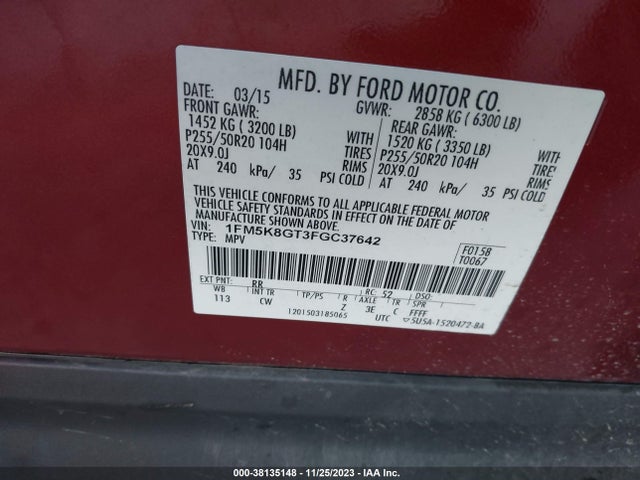 Ford EXPLORER SPORT 2015 1FM5K8GT3FGC37642 Image 9