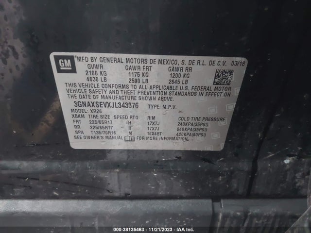Chevrolet EQUINOX LT 2018 3GNAXSEVXJL343376 Image 9