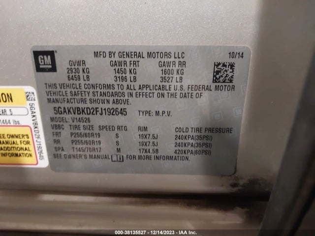 2015 BUICK ENCLAVE LEATHER VIN: 5GAKVBKD2FJ192645