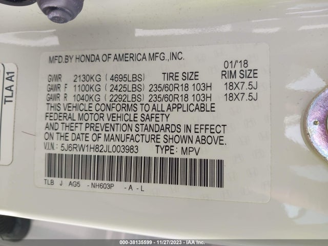 2018 HONDA CR-V EX-L/EX-L NAVI VIN: 5J6RW1H82JL003983