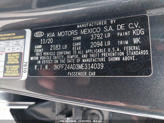 3KPF24AD3ME314039 KIA Forte Lxs