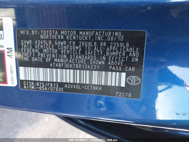 2011 TOYOTA CAMRY VIN: 4T4BF3EK7BR134231