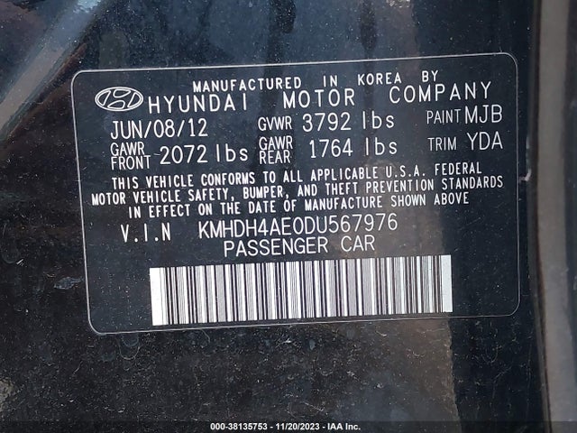 2013 HYUNDAI ELANTRA GLS (ULSAN PLANT) VIN: KMHDH4AE0DU567976