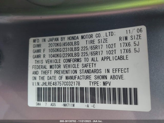 2007 HONDA CR-V EX-L VIN: JHLRE48757C032178