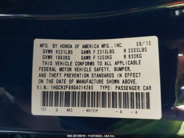 Honda Accord Ex-l 2016 1HGCR2F89GA014285 Image 9