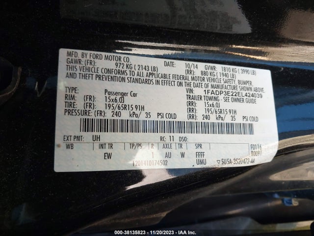 2014 FORD FOCUS S VIN: 1FADP3E22EL424039