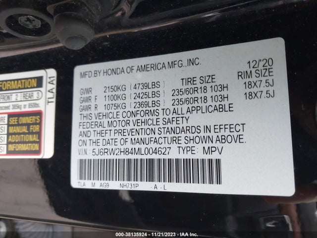 Honda Cr-v Awd Ex-l 2021 5J6RW2H84ML004627 Image 9