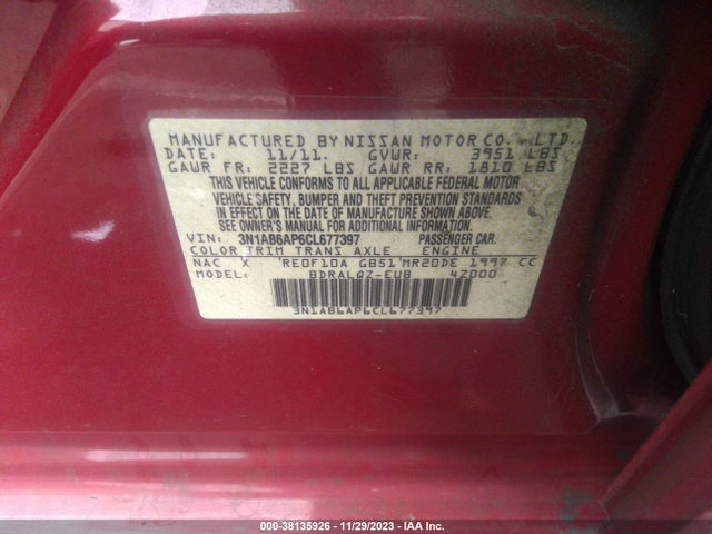 2012 NISSAN SENTRA 2.0 VIN: 3N1AB6AP6CL677397