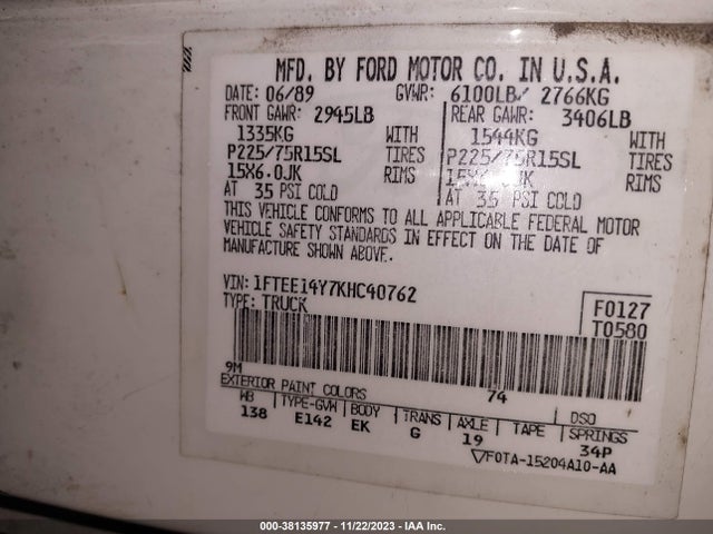 1989 FORD ECONOLINE E150 VAN VIN: 1FTEE14Y7KHC40762