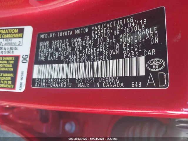 Toyota COROLLA LE 2018 2T1BURHE0JC102004 Image 9