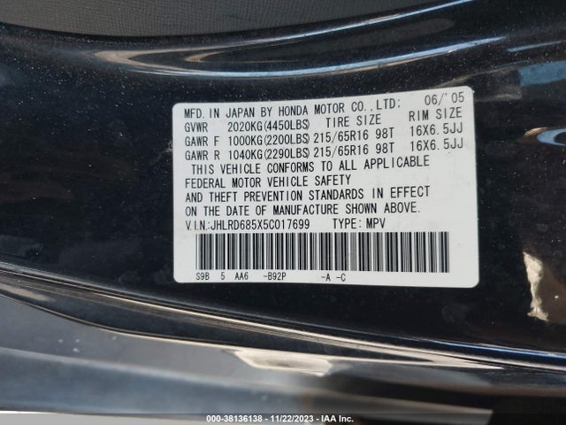 2005 HONDA CR-V LX VIN: JHLRD685X5C017699