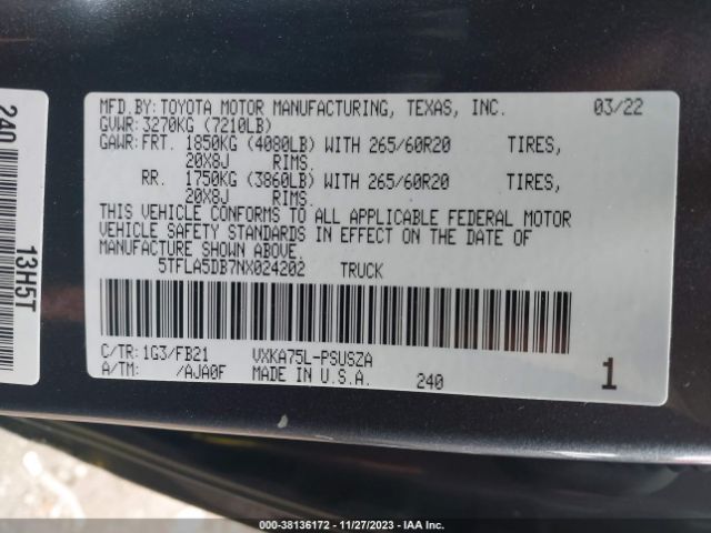5TFLA5DB7NX024202 Toyota Tundra Sr5