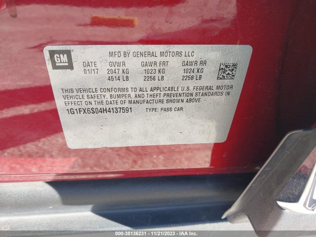 2017 CHEVROLET BOLT EV PREMIER VIN: 1G1FX6S04H4137591