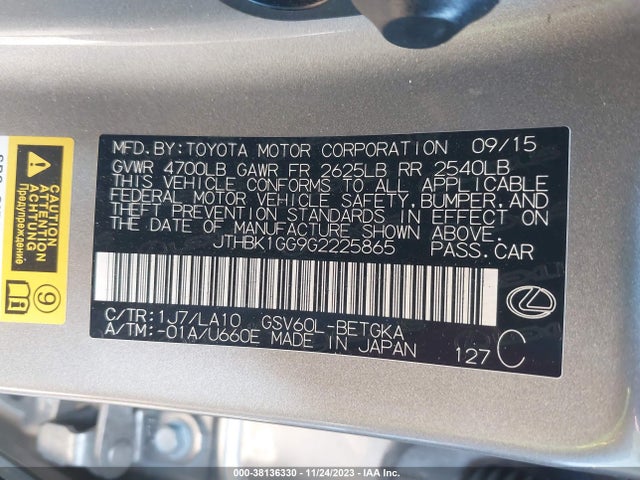 2016 LEXUS ES 350 VIN: JTHBK1GG9G2225865