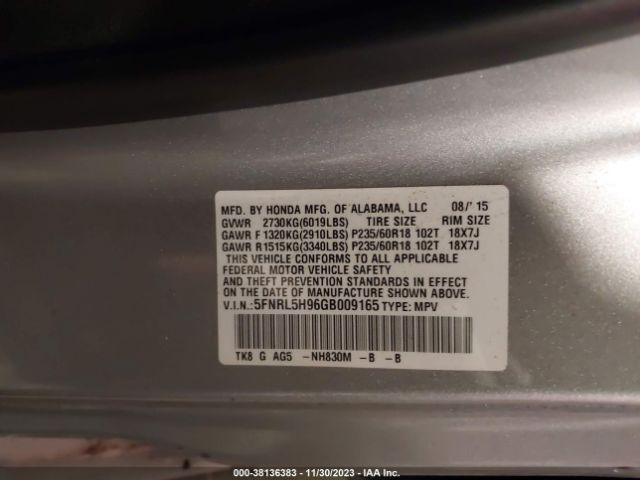 5FNRL5H96GB009165 Honda Odyssey Touring/touring Elite