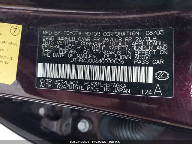 2004 LEXUS ES 330 VIN: JTHBA30G640002036