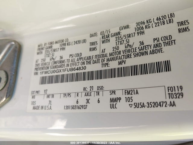 Ford ESCAPE SE 2015 1FMCU0GX1FUB64830 Image 9