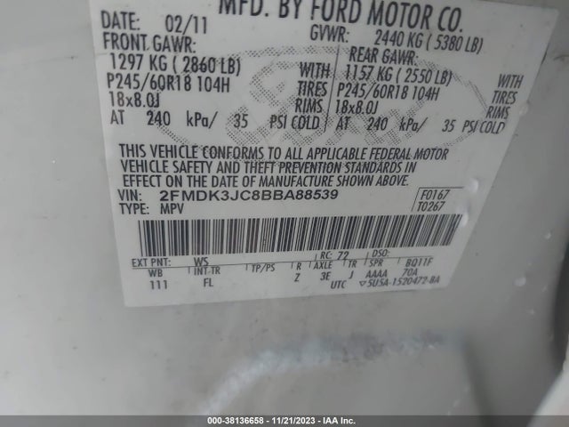 2011 FORD EDGE SEL VIN: 2FMDK3JC8BBA88539